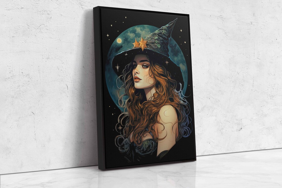 Celestial Witch Star Hat Full Moon Copper Hair Portrait Halloween Art Print - Image 4
