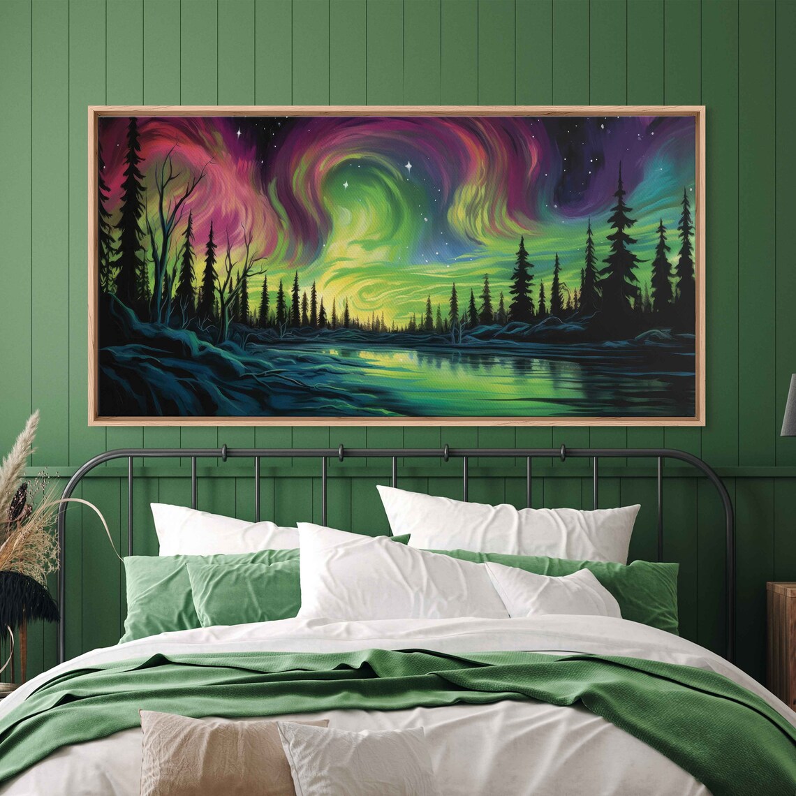 Starry Aurora Night Sky Pine Lake Reflection Northern Lights Travel Poster