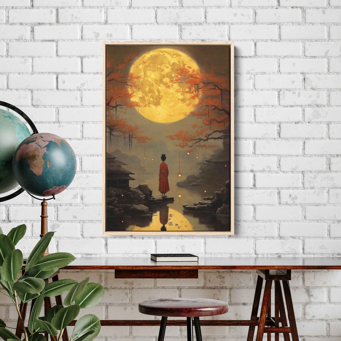 Kimono Figure Golden Moon Autumn Lake Vintage Japanese Oil Art Print - Image 2