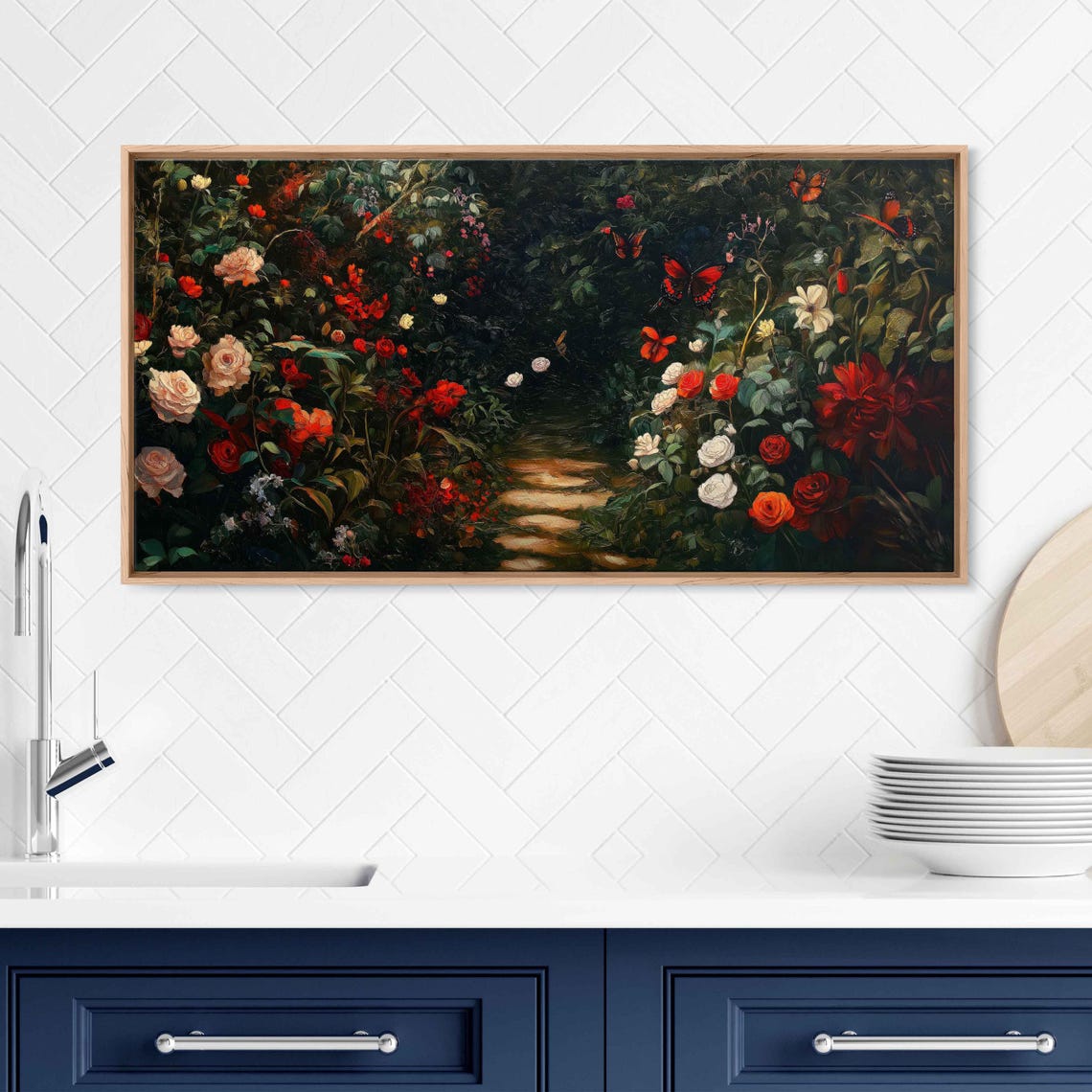 Elegant Garden In Full Bloom Wall Art Print Vibrant Flowers Butterflies Stone Path - Image 3