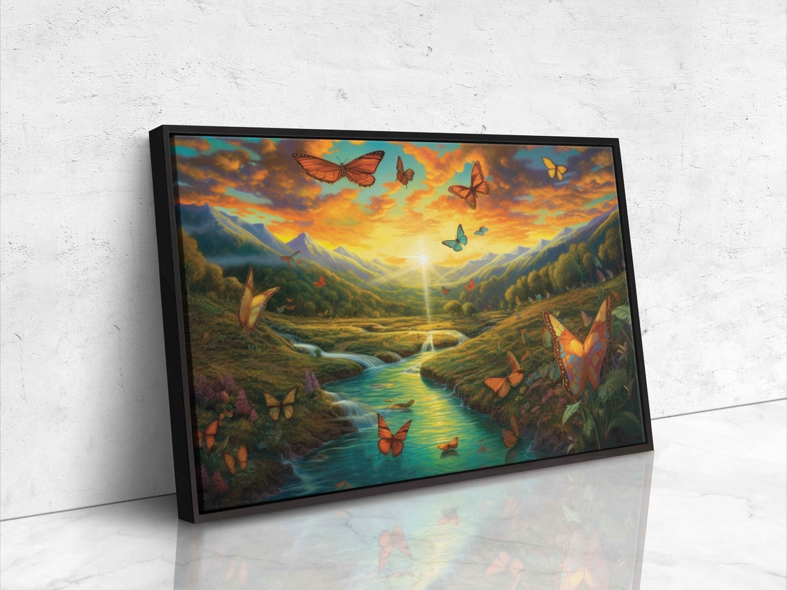 Monarch Butterfly Valley Sunset Mountain Stream Nature Art Print - Image 4