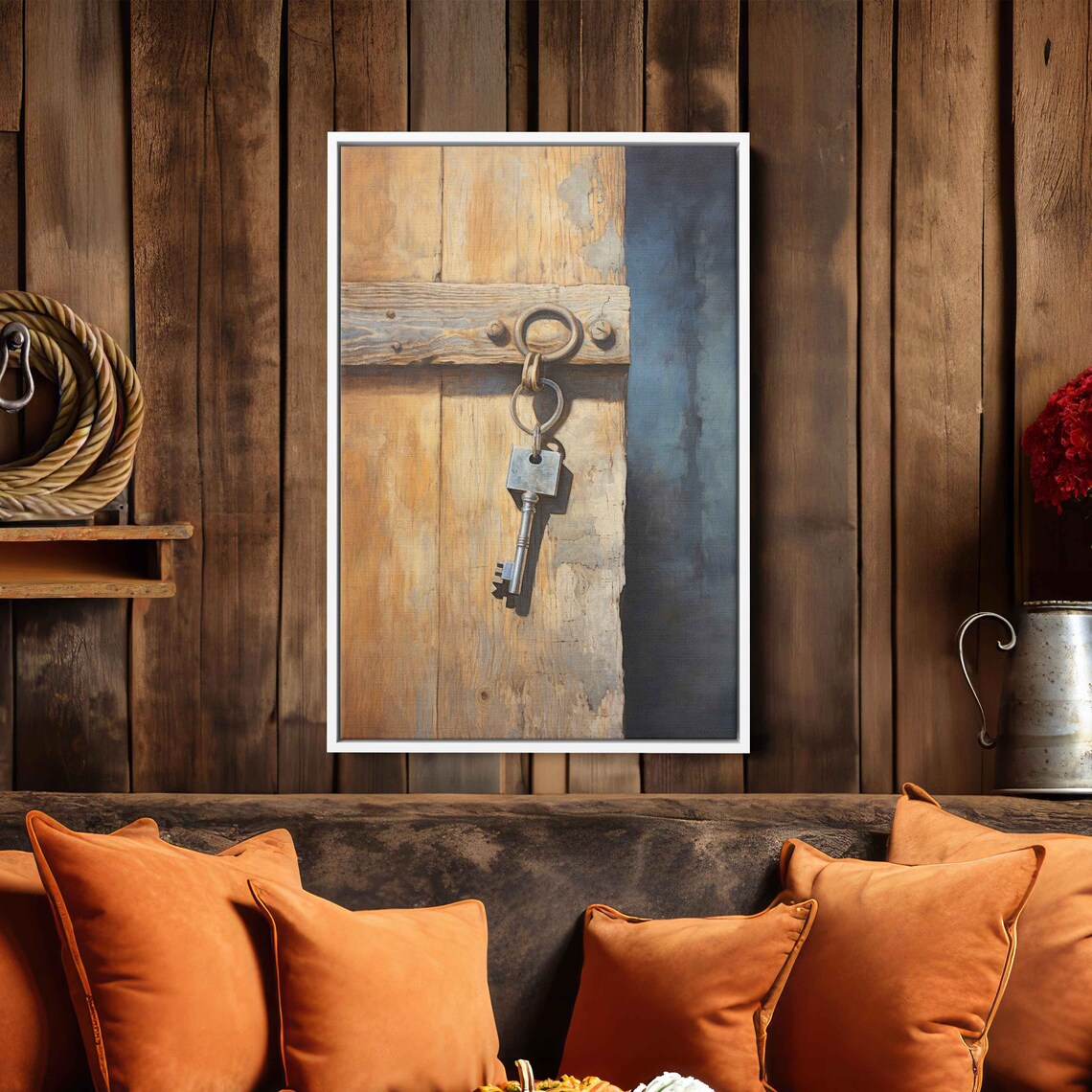 Vintage Key Hanging On Barn Door Rustic Wood Old Farmhouse Wall Art