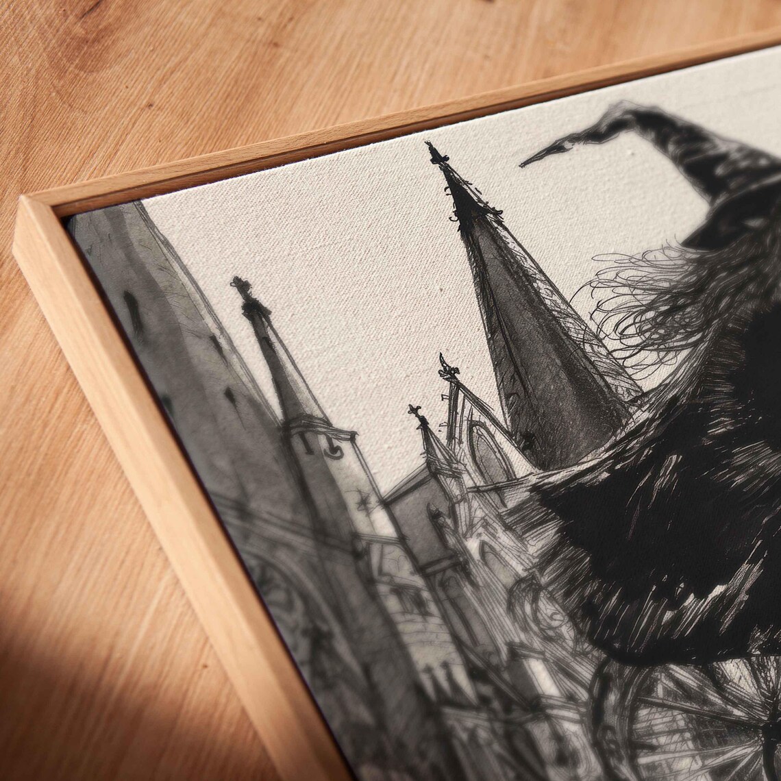 Whimsical Witch Riding Bicycle Past Gothic Cathedral Ink Drawing Halloween Poster - Image 2