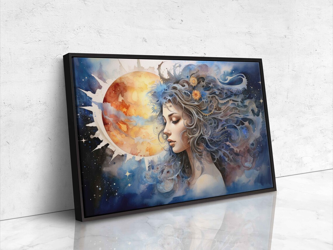 Celestial Goddess Woman Watercolor Moon Sun Stars Wall Art Print - Image 4