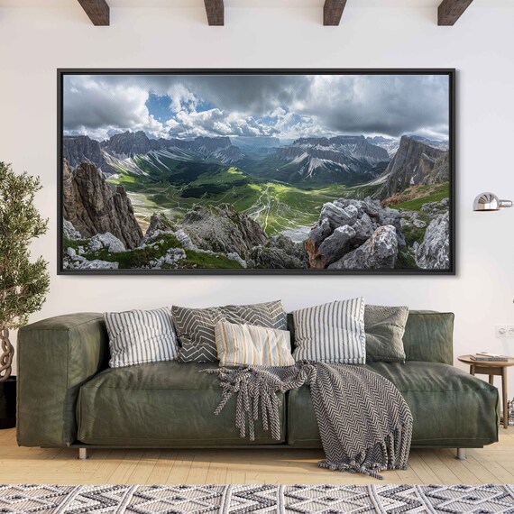 Dolomite Alps Under Cloudy Skies Breathtaking View Wall Art Print Italian Mountain Range Lush Cliffside Valley Ready To Hang