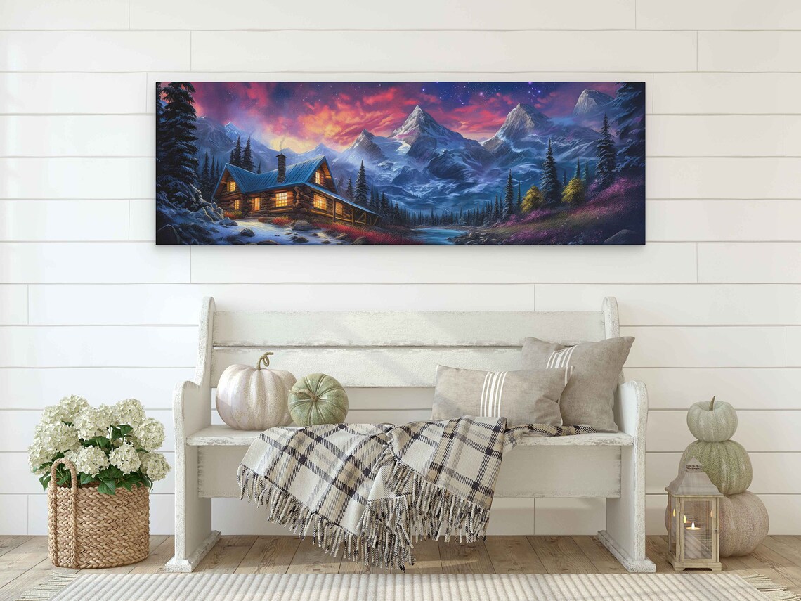 Log Cabin Night Purple Pink Starry Sky Snowy Mountains River Art Poster - Image 2