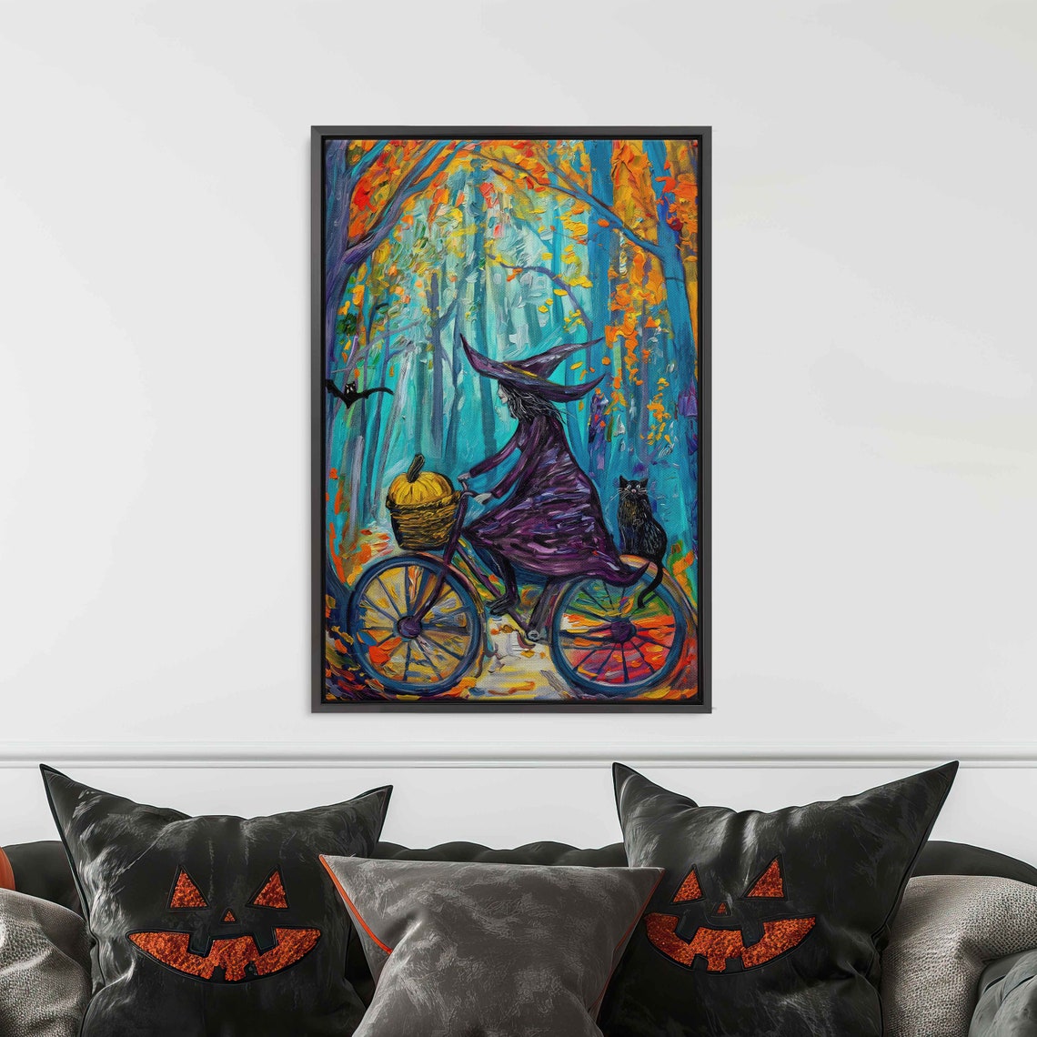 Witch Riding Bicycle Vibrant Autumn Forest Black Cat Colorful Poster - Image 3