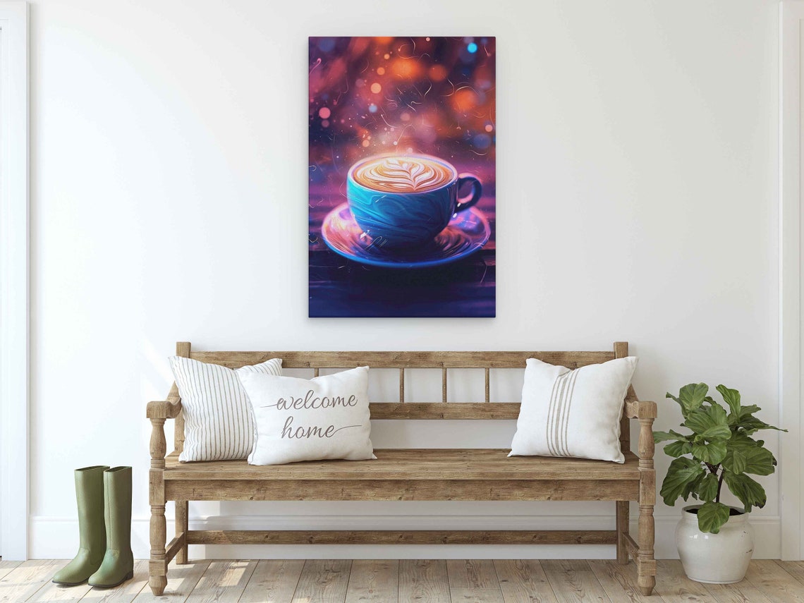 Colorful Latte Art Coffee Cup Neon Bokeh Background Wall Art Print - Image 2