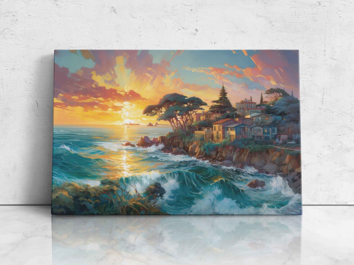Coastal Cliff Town Sunset Ocean Waves Luminous Oil Painting Poster