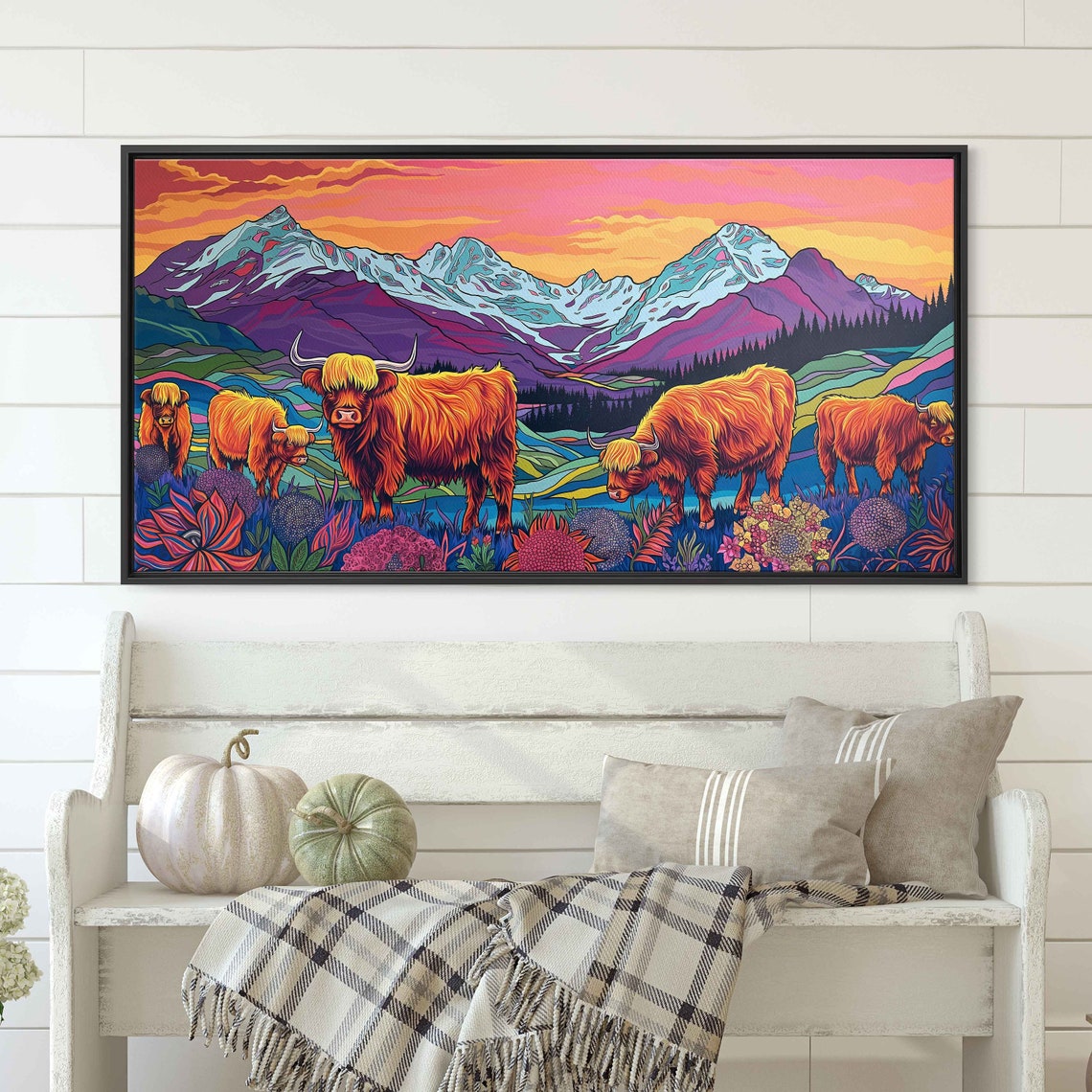 Colorful Highland Cows Herd Abstract Pop Art Mountain Poster