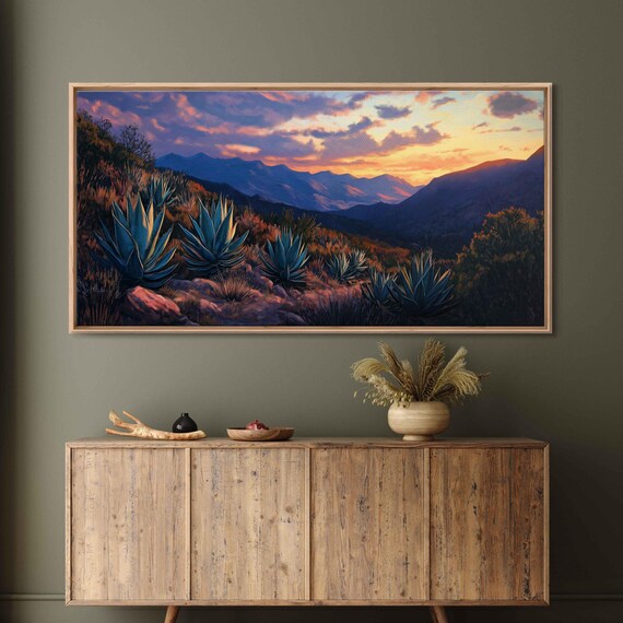 Agave Plants In Mountainous Terrain Wall Art Print Oil Painting Twilight Sky