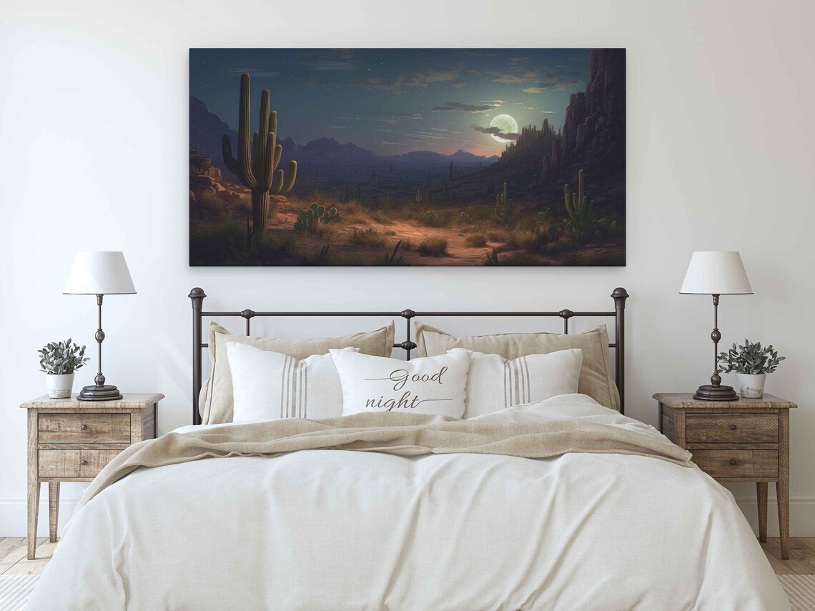 Desert Night Full Moon Glow Saguaro Cactus Landscape Travel Poster - Image 3