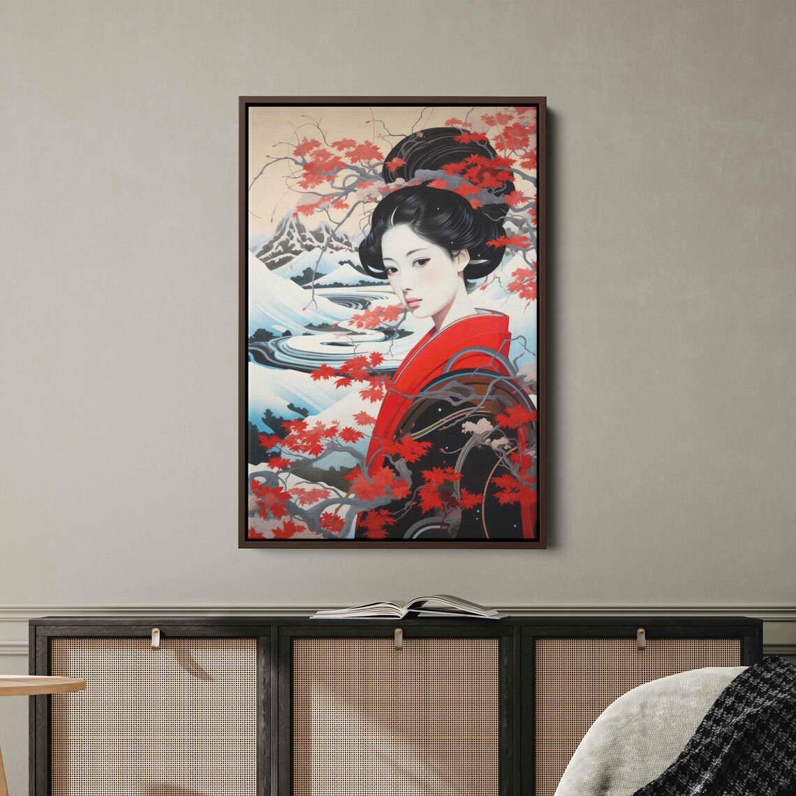 Ukiyo E Style Geisha Red Kimono Snowy Mountain Maple Wall Art Print