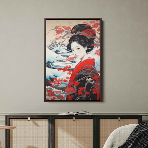 Ukiyo E Style Japanese Geisha Wall Art Print Snowy Mountain Background Red And Black Kimono Ready To Hang