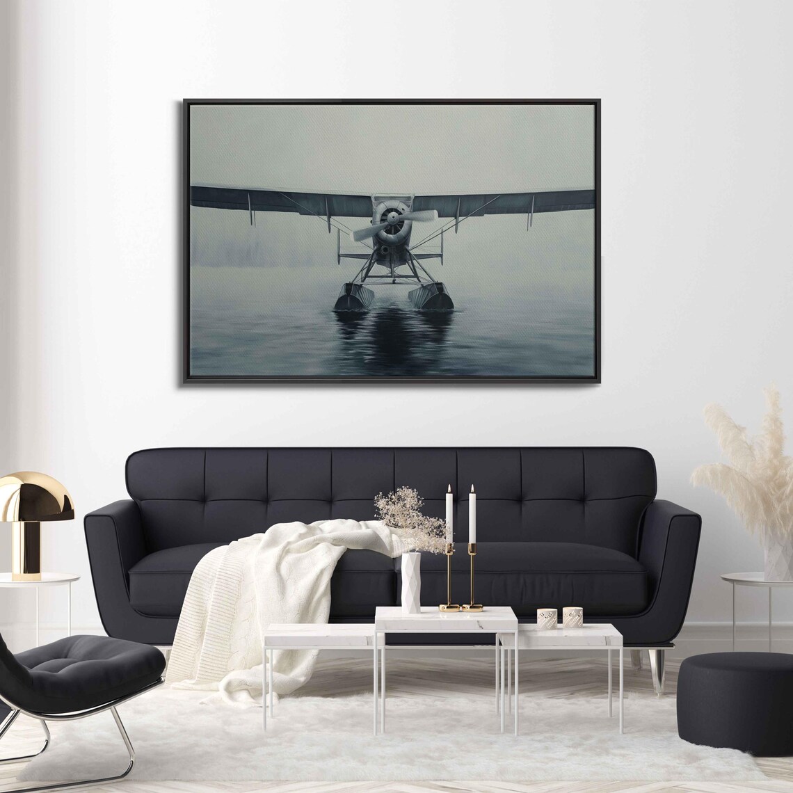 Vintage Floatplane On Still Misty Water Minimalist Black And White Aviation Poster - Image 3