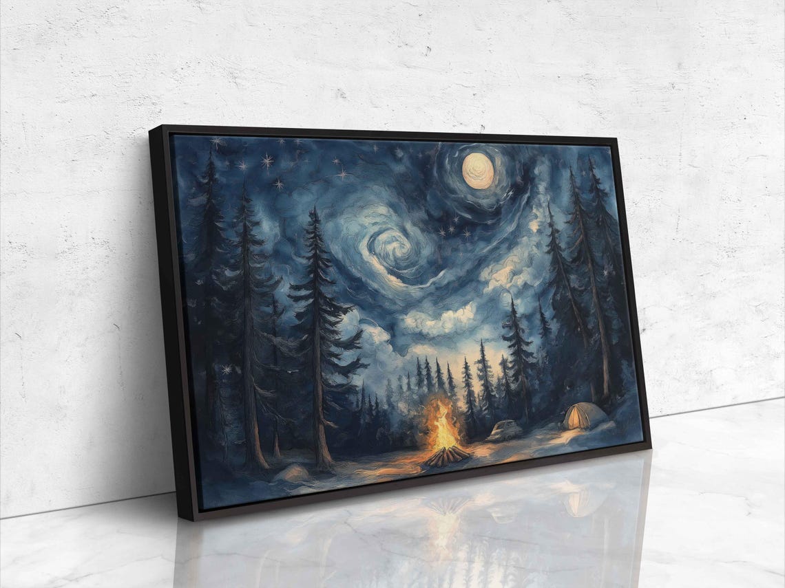 Moonlit Campsite Wall Art Print Watercolor Painting Glowing Campfire Starry Night Sky - Image 4