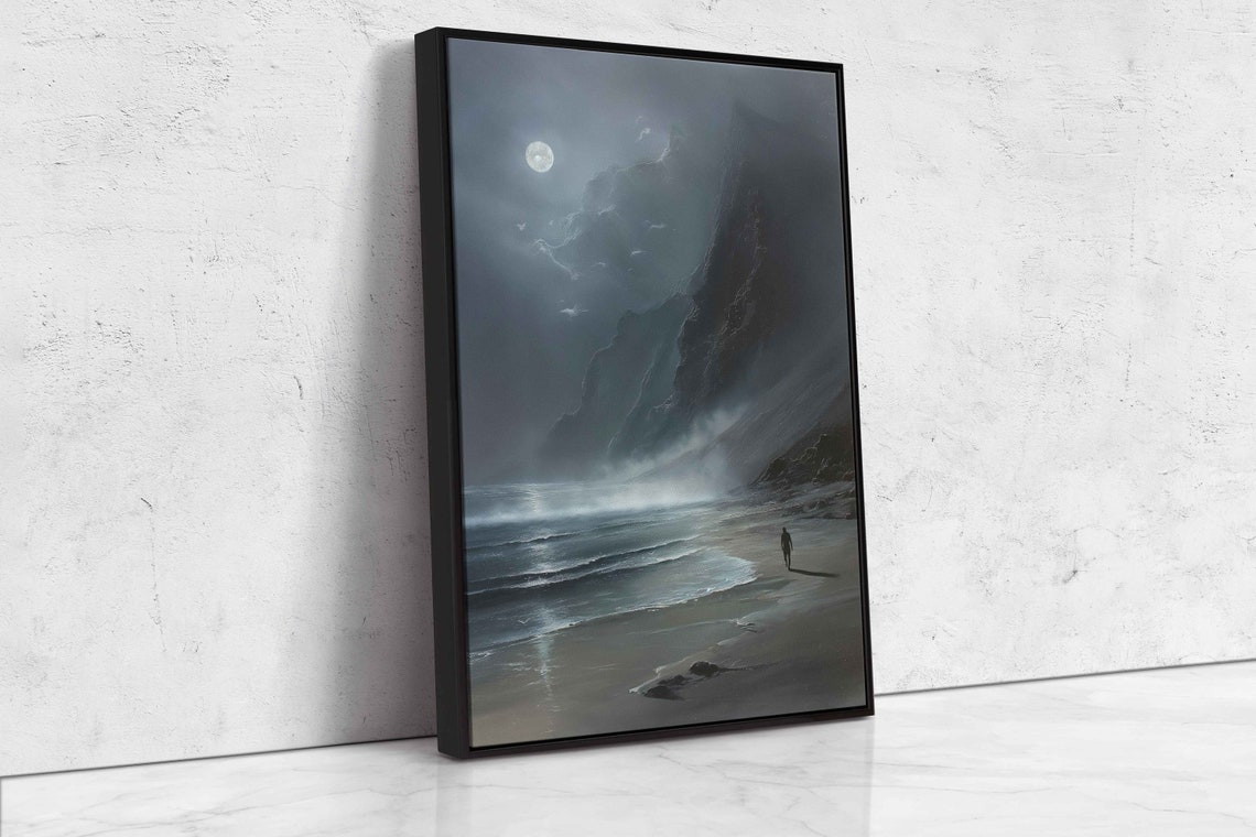 Lone Figure Walking Moonlit Beach Beneath Foggy Night Cliffs Poster - Image 4