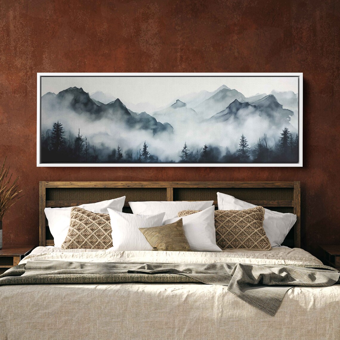 Foggy Mountain Landscape With Trees Painting Framed Print Ready To Hang - Image 3