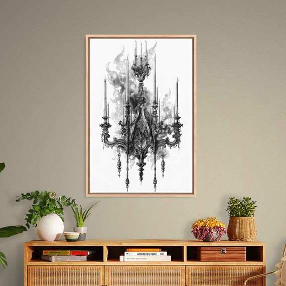 Ornate Gothic Chandelier Flaming Candles Smoke Ink Art Halloween Poster