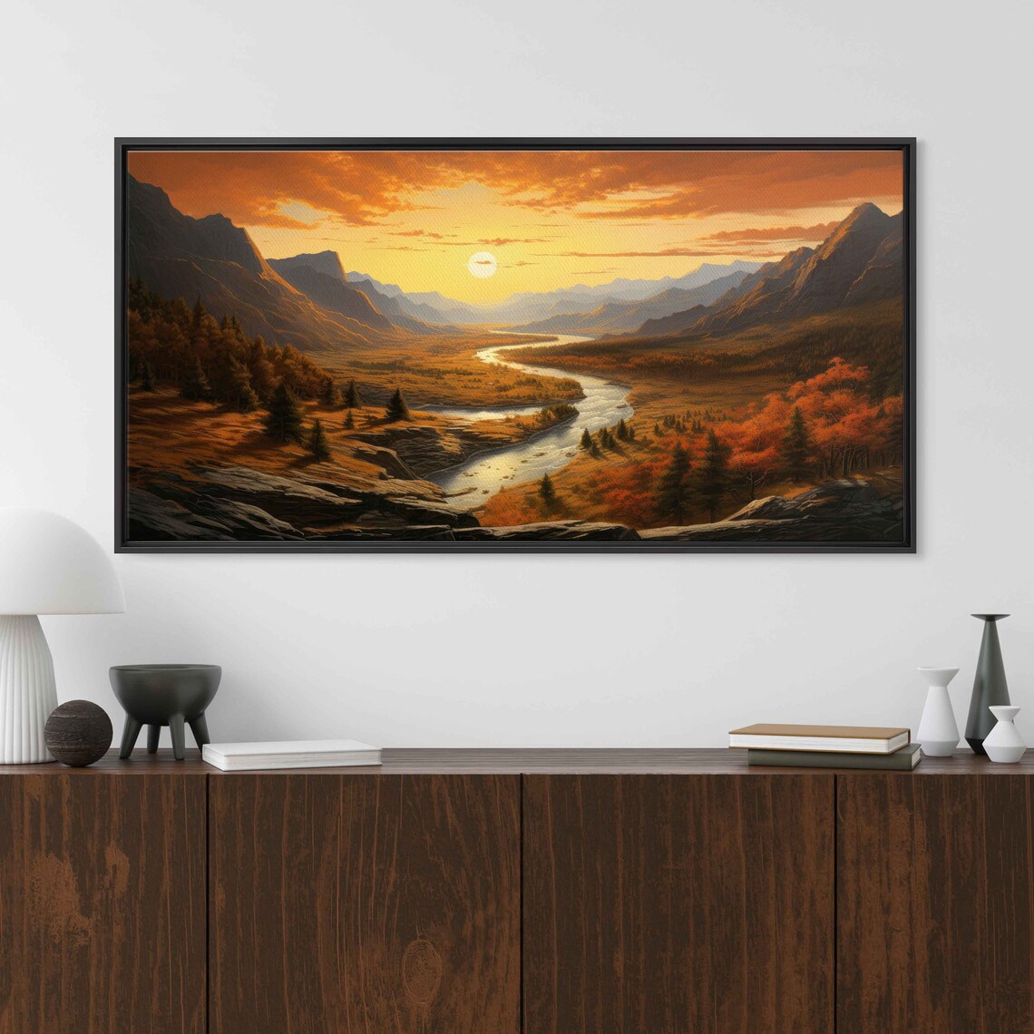 Tranquil Valley Nestled Between Mountains In Sunlight Framed Print Ready To Hang - Image 3