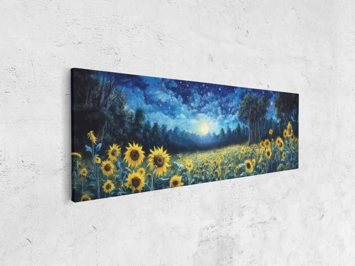 Sunflower Field Under Full Moon Starry Night Sky Panoramic Art Print - Image 4