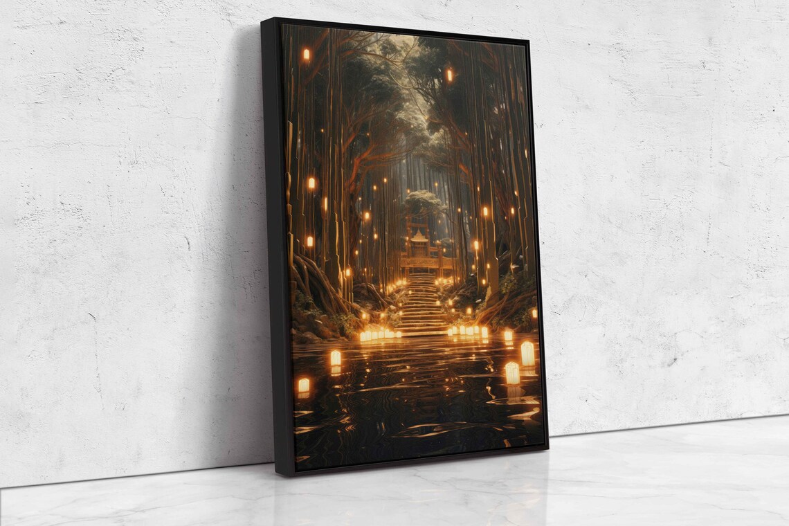 Bamboo Forest Lantern Path, Magical Woods Art Print - Image 4