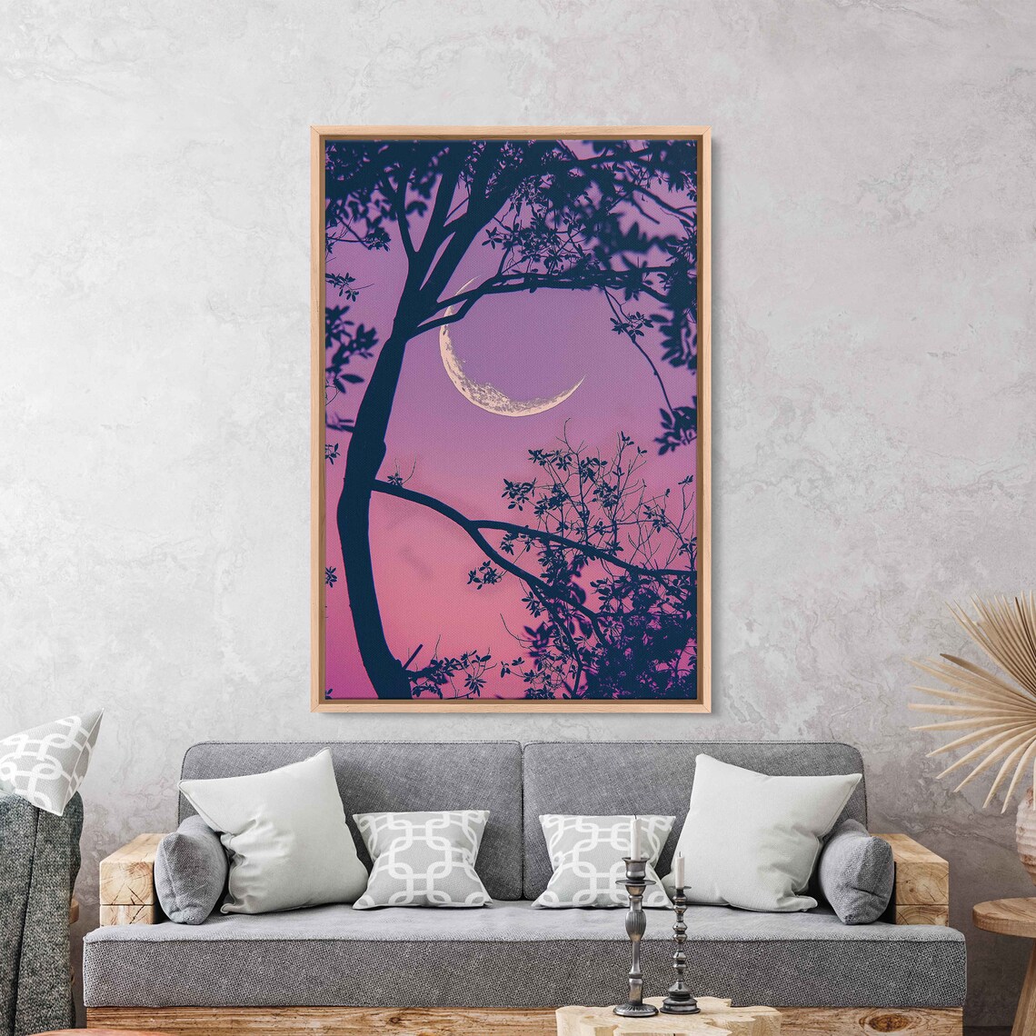 Crescent Moon Through Tree Branches Pink Sky Night Nature Art Wall Poster - Image 3