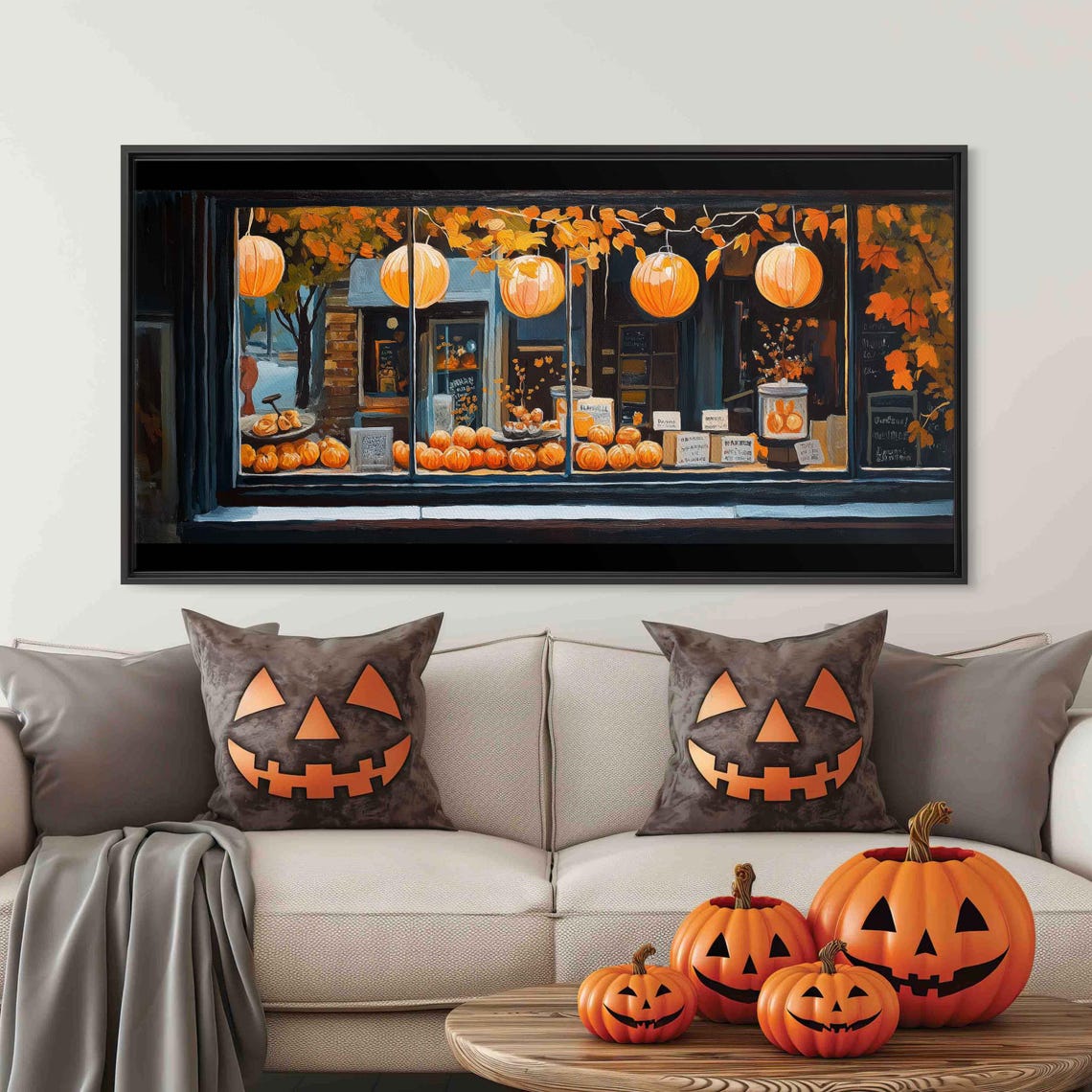 Cozy Coffee Shop Window With Pumpkin Lanterns At Night Art Print - Image 3