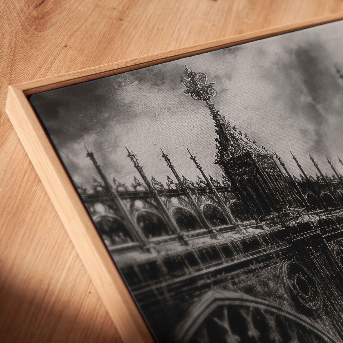 Gothic Bridge Over Foggy Water Dark Spires Monochrome Ink Halloween Poster - Image 2