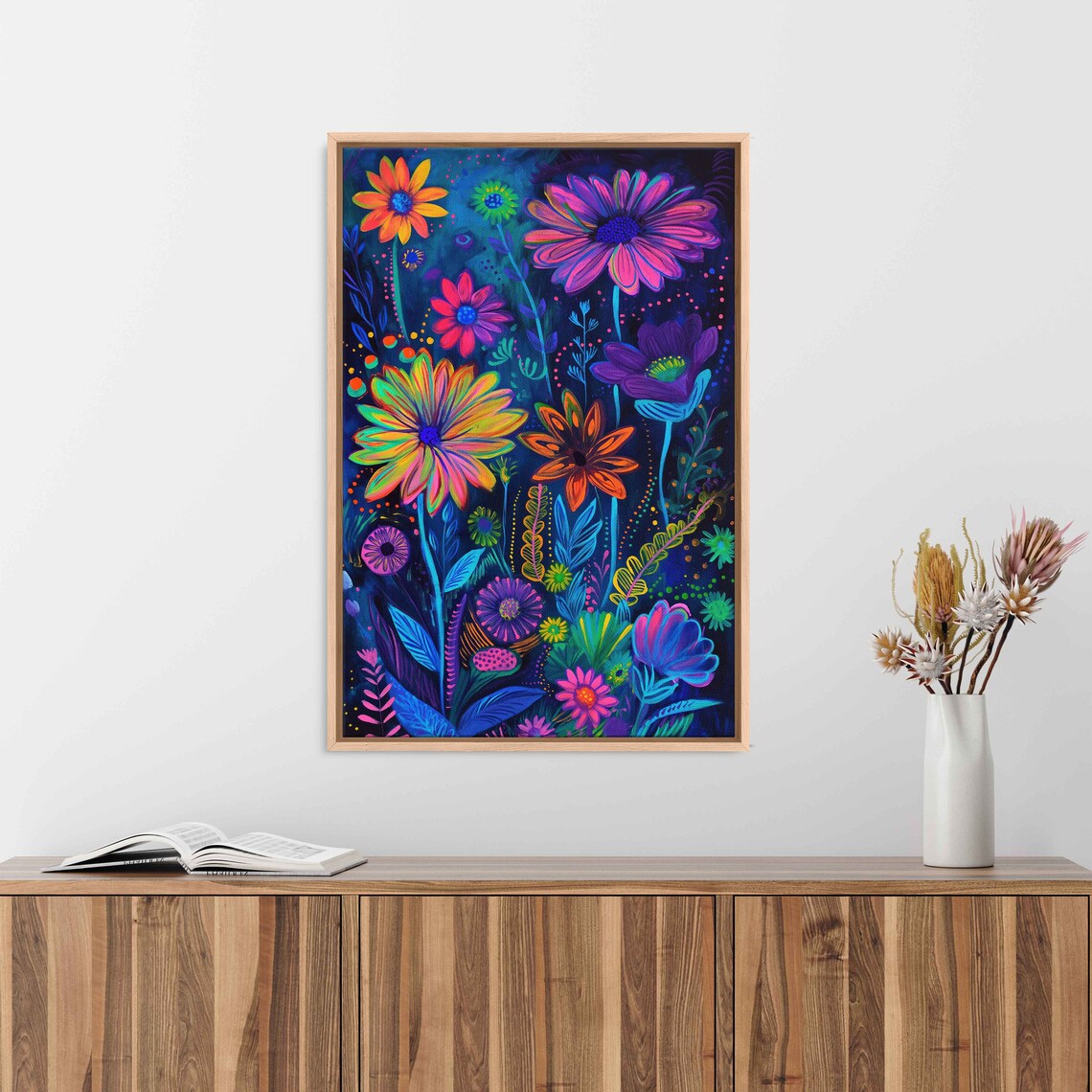 Neon Wildflowers Night Garden Colorful Daisies Painting Poster - Image 3
