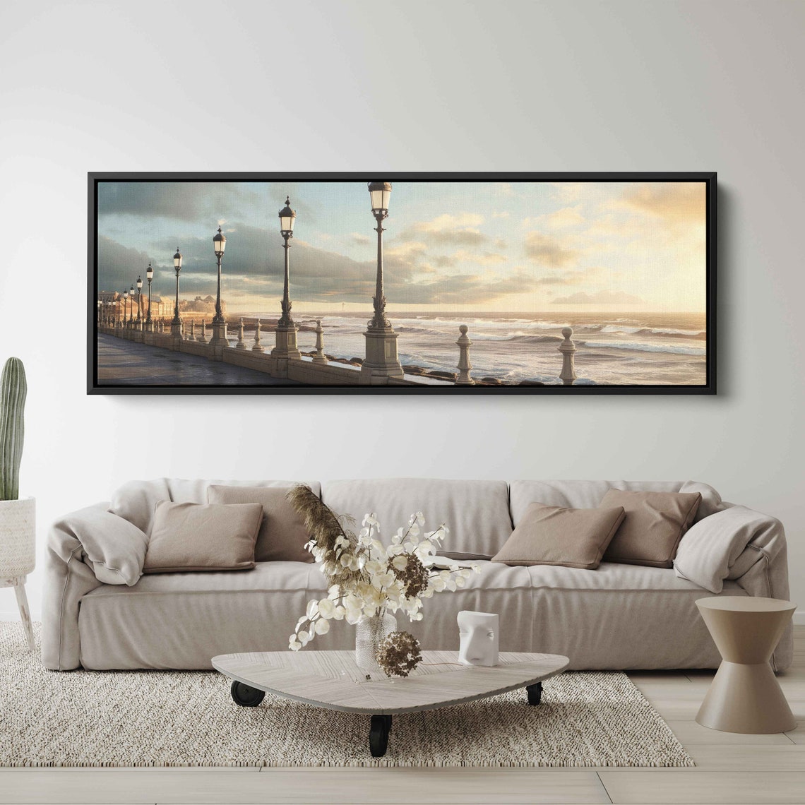 Sunrise Coastal Promenade Ocean Waves Vintage Lamppost Seaside Print