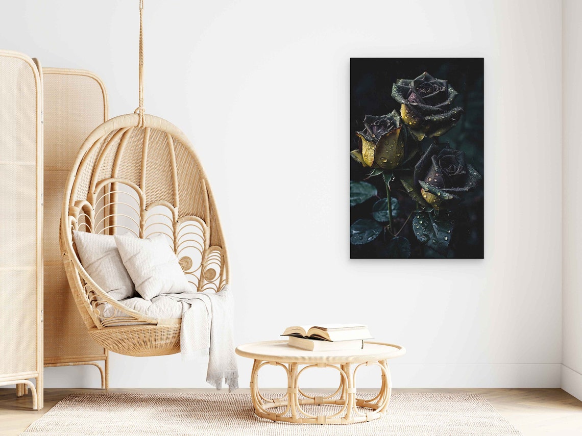 Black Yellow Roses With Water Droplets Print On Gothic Wall Art - Image 3