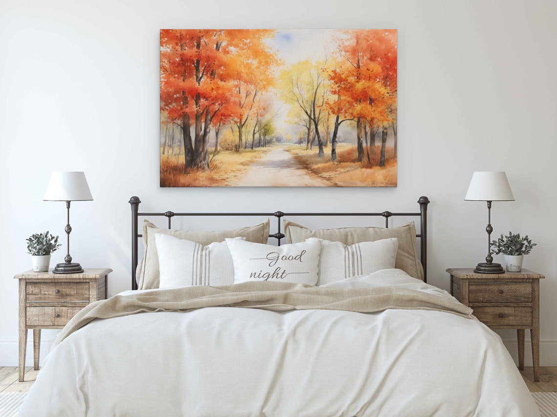Calm Autumn Walkway Watercolor Orange Trees Fall Colors Wall Art Print - Image 3