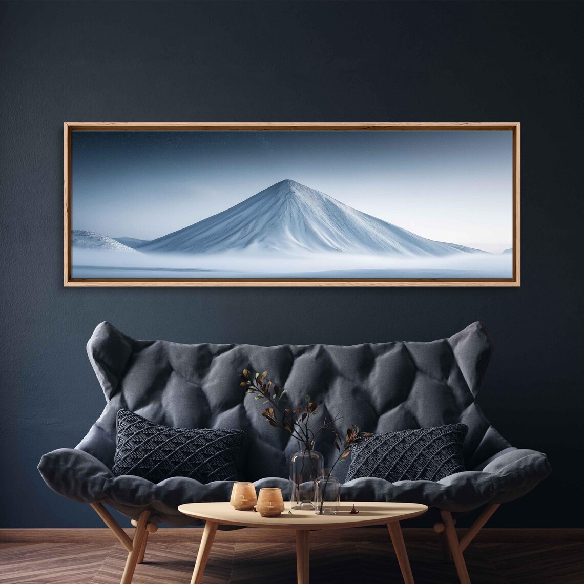 Snowy Conical Mountain Peak In Misty Blue Minimalist Panorama Travel Poster