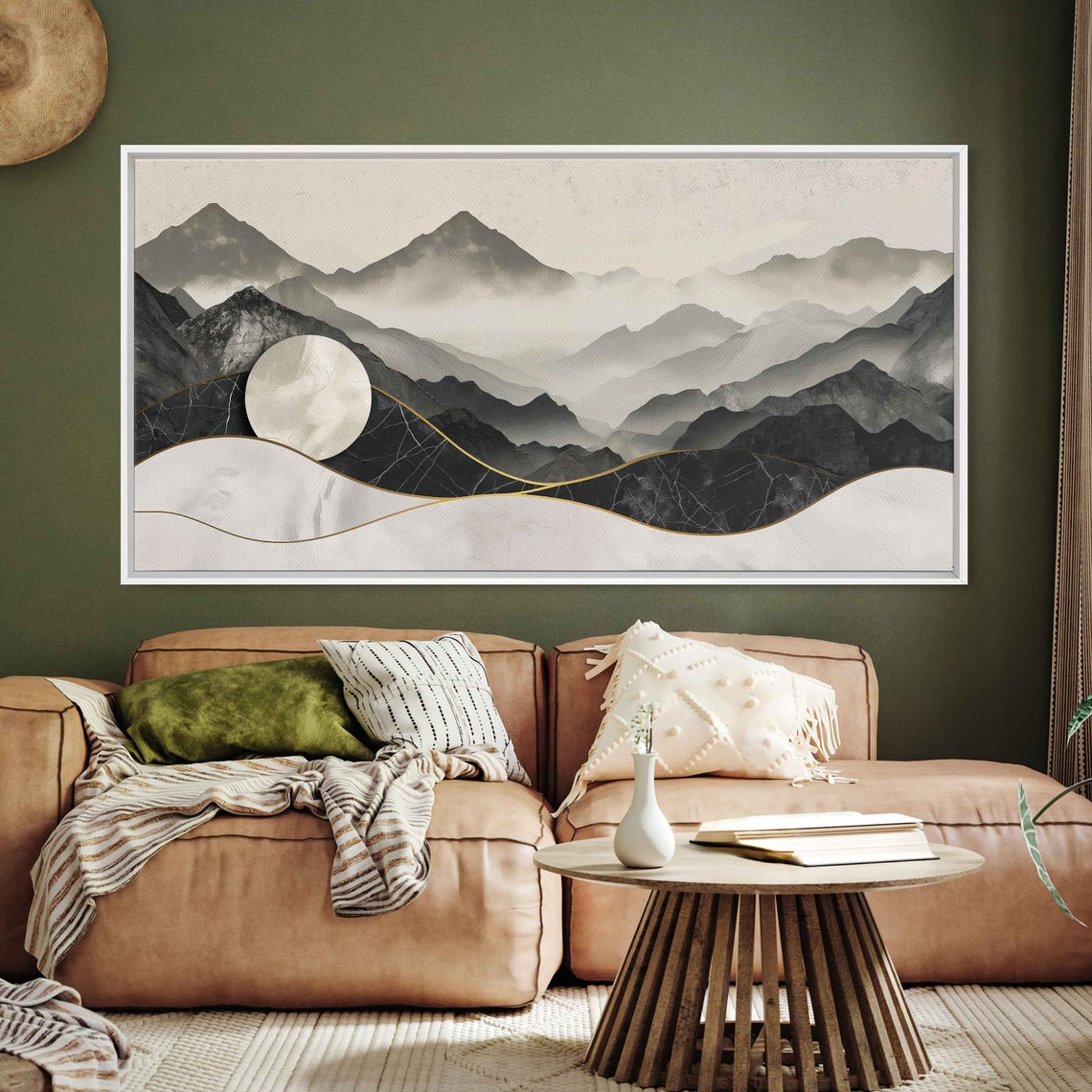 Panoramic Chinese Ink Mountains Gold Trim White Moon Minimalist Poster - Image 3