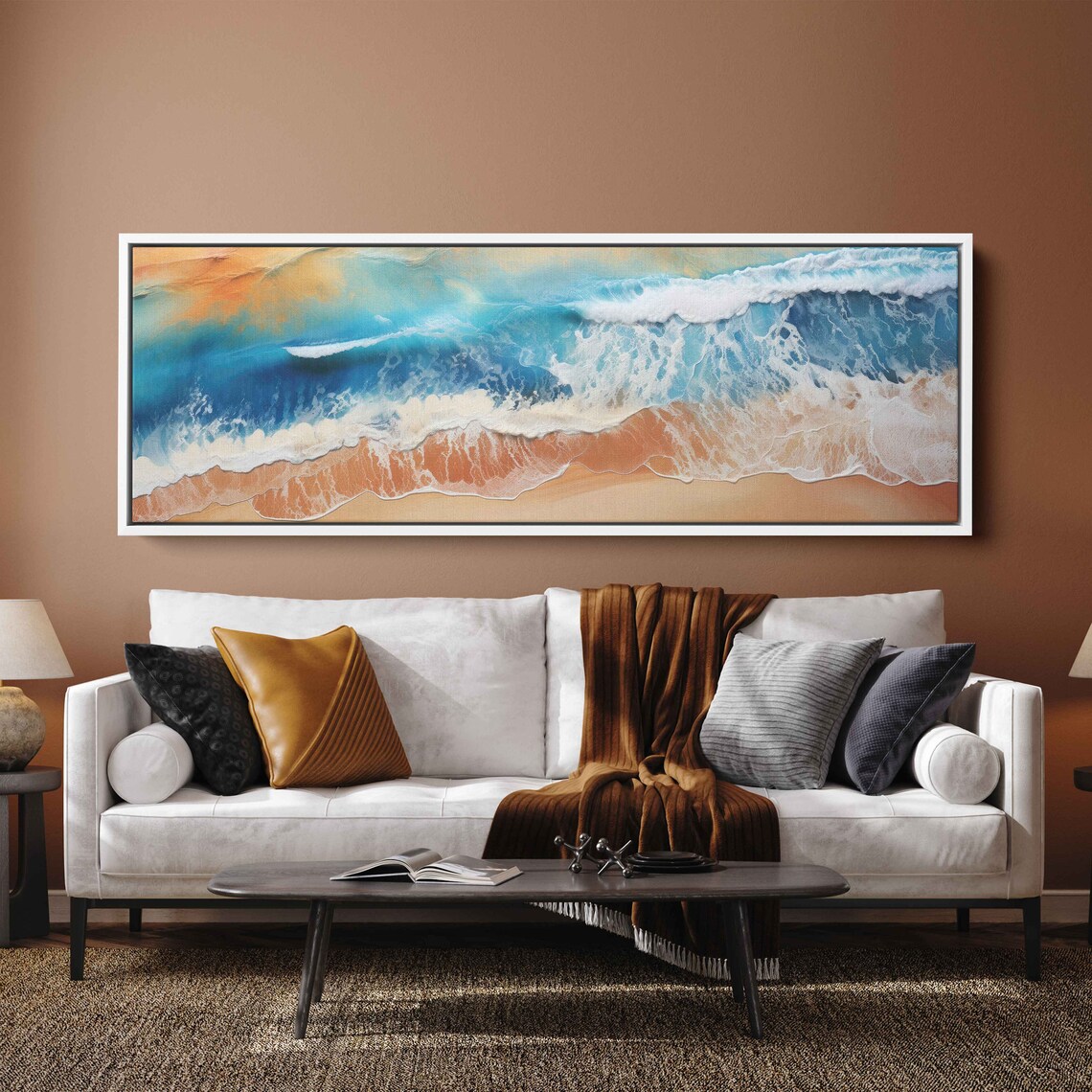 Beach Aerial View Turquoise Waves White Foam Golden Sand Panoramic Poster - Image 2