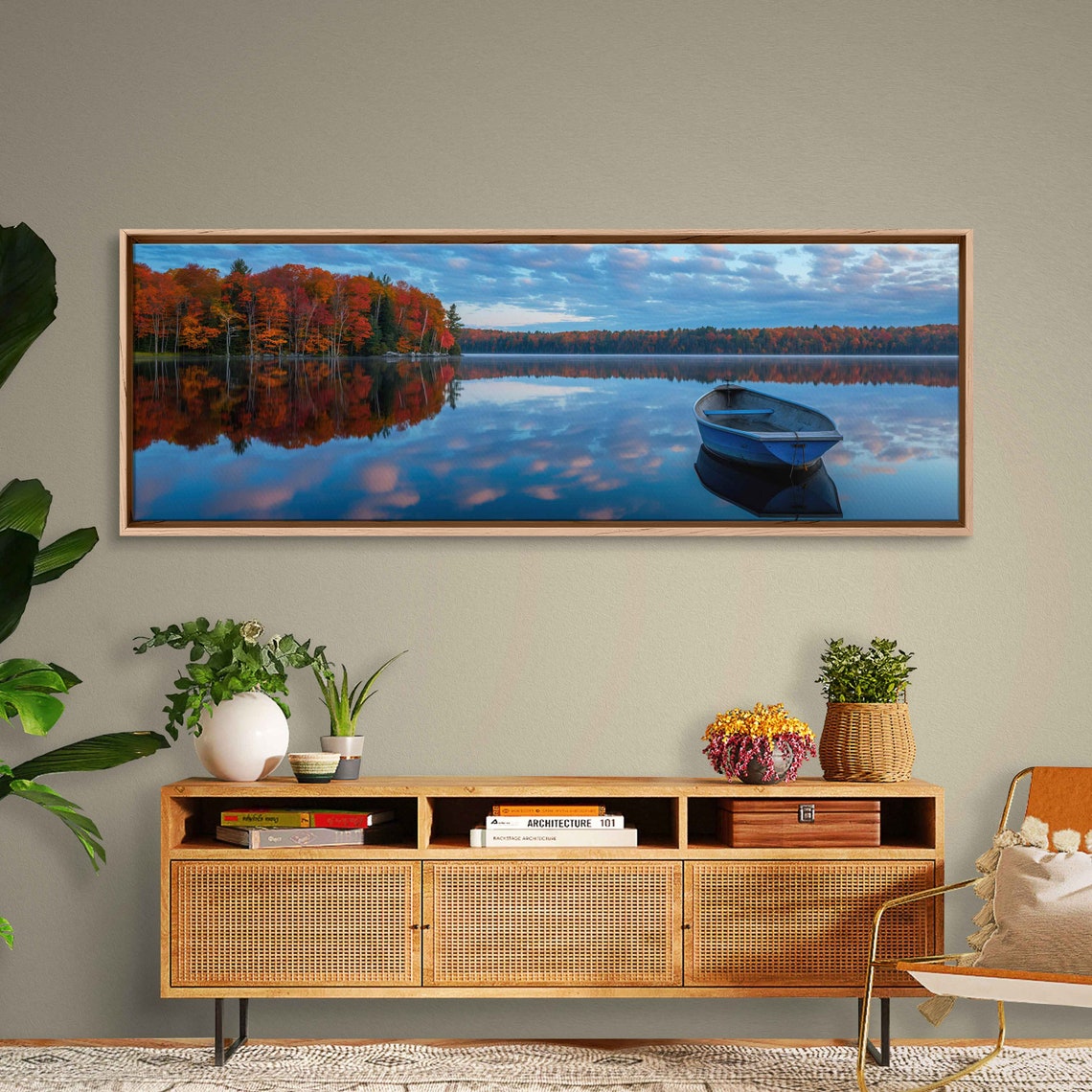 Lone Blue Rowboat Autumn Lake Mirror Reflection Fall Scenery Poster