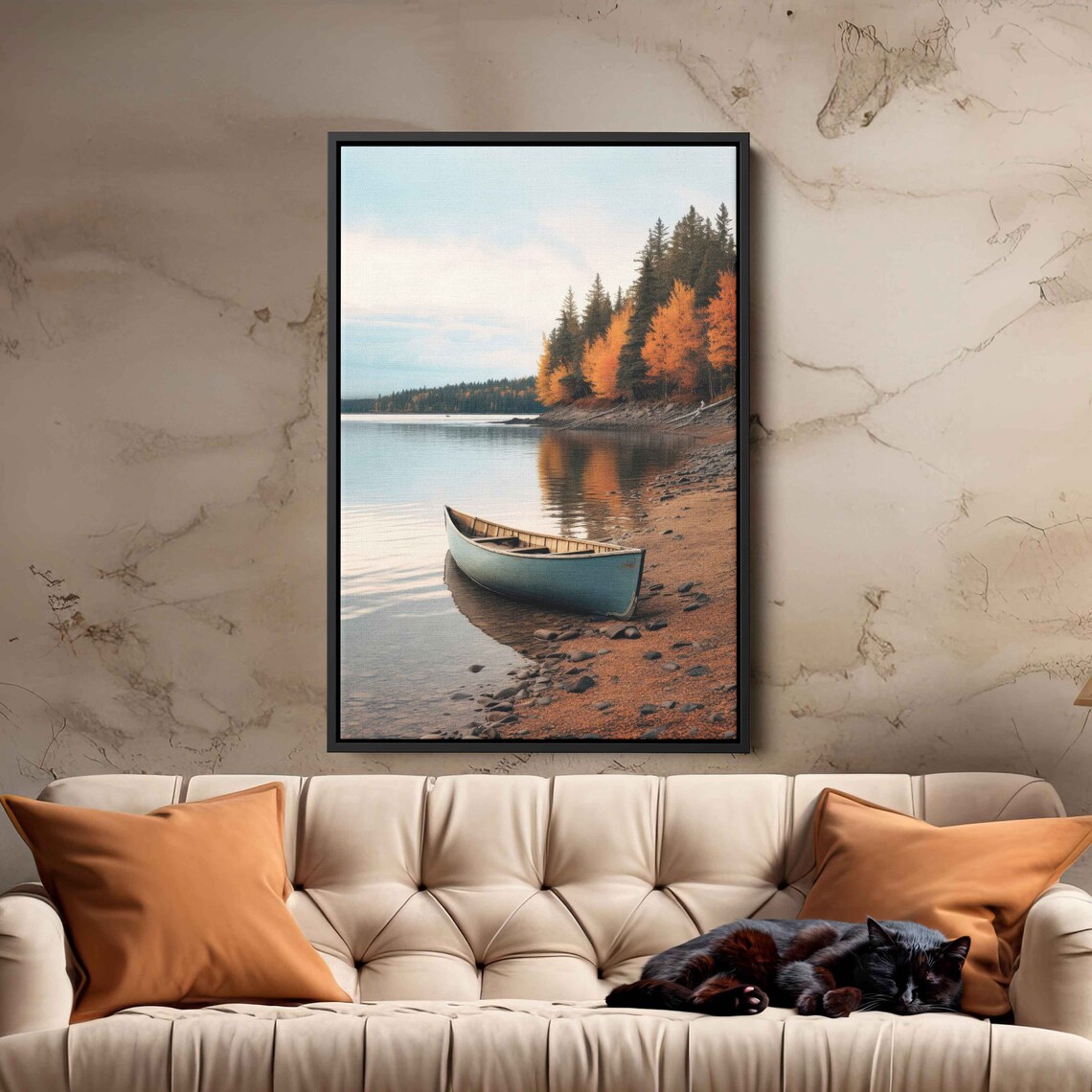 Rustic Canoe Peaceful Lakeshore Autumn Forest Reflections Calm Nature Poster - Image 3