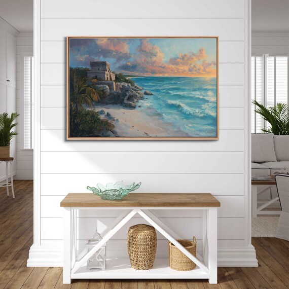 Tulum Mexico Mayan Ruins Cliffside Turquoise Beach Sunset View Art Poster