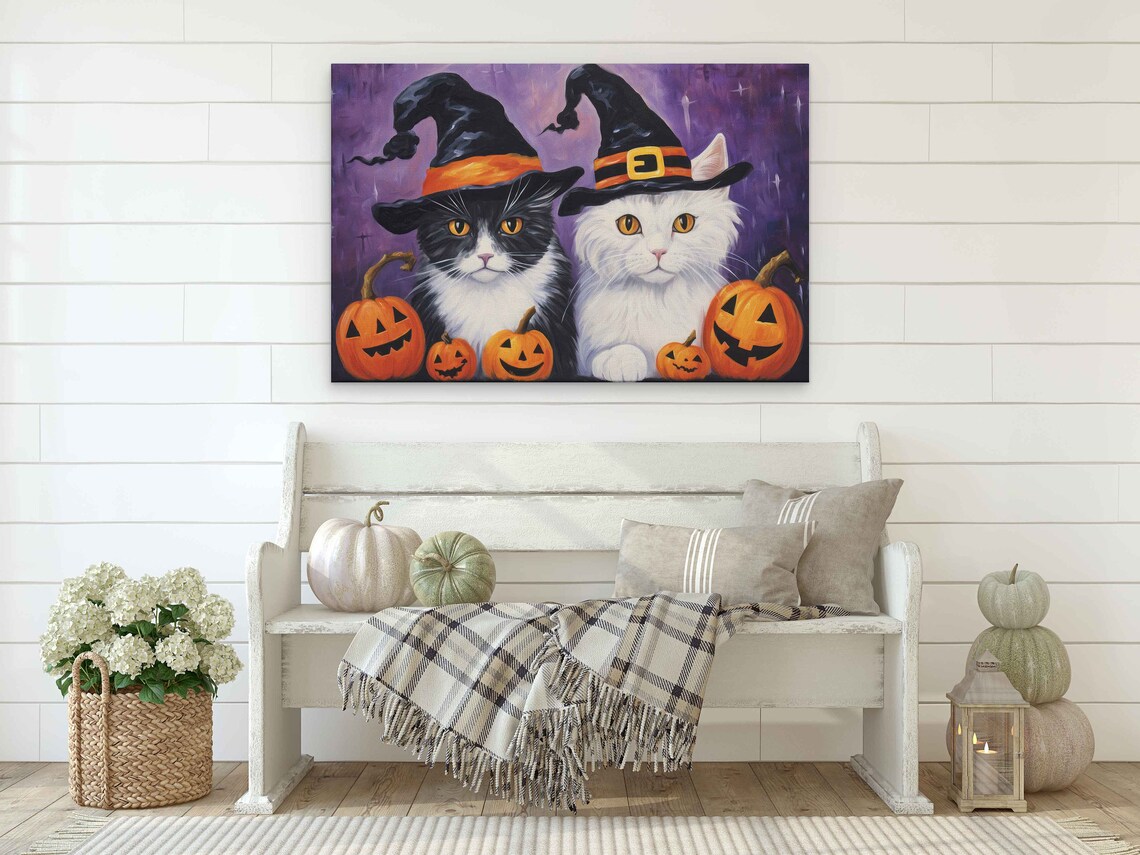 Halloween Witch Cats Jack O Lanterns Cute Black White Cat Painting Print - Image 3