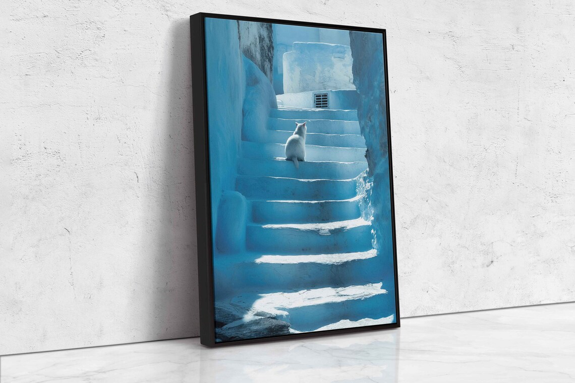 White Cat Sitting On Sunlit Blue Stone Steps Mediterranean Sunlight Poster - Image 4