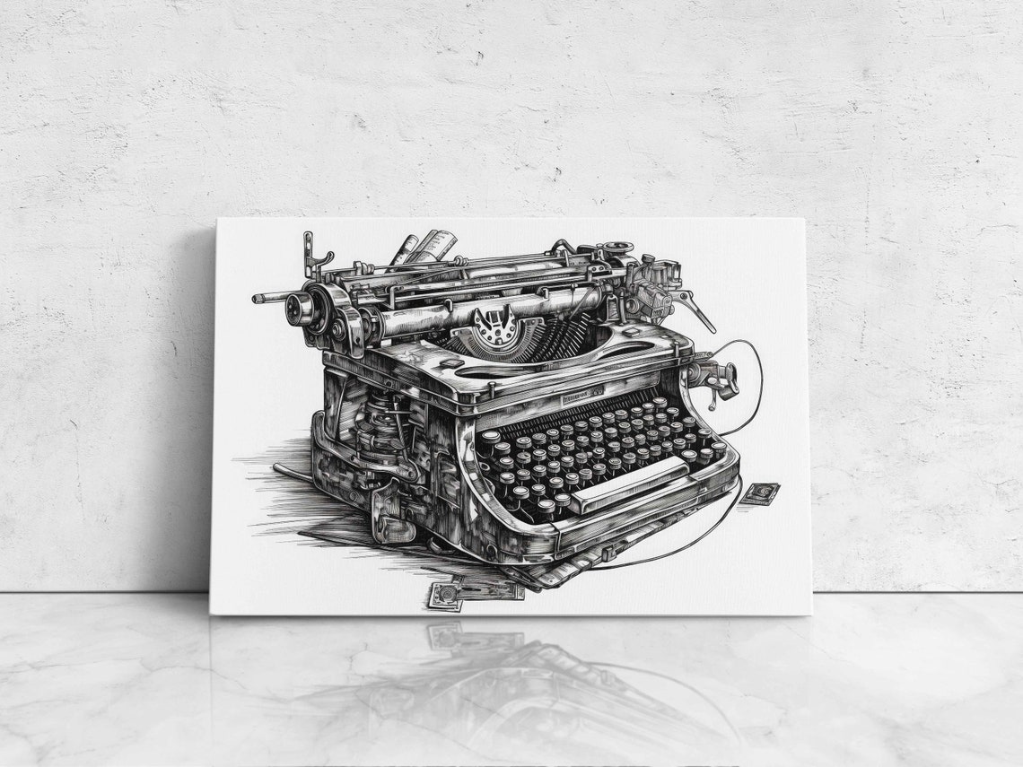 Typewriter Expressionist Pencil Art Drawing Illustration On Ready To Hang Gift For Writers Library Decor - Image 4
