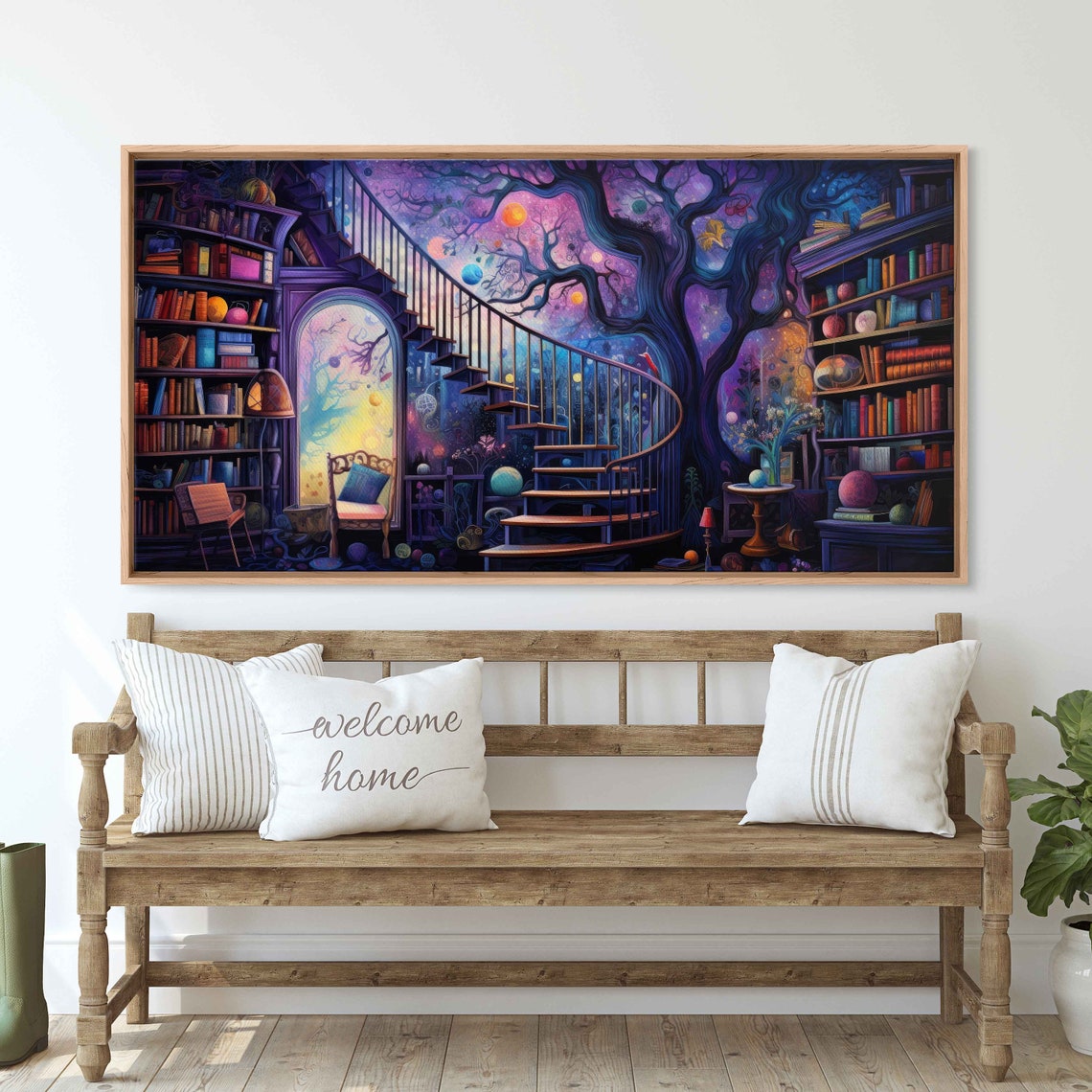 Spiral Staircase Magical Library Cosmic Tree Purple Fantasy Art Poster - Image 2