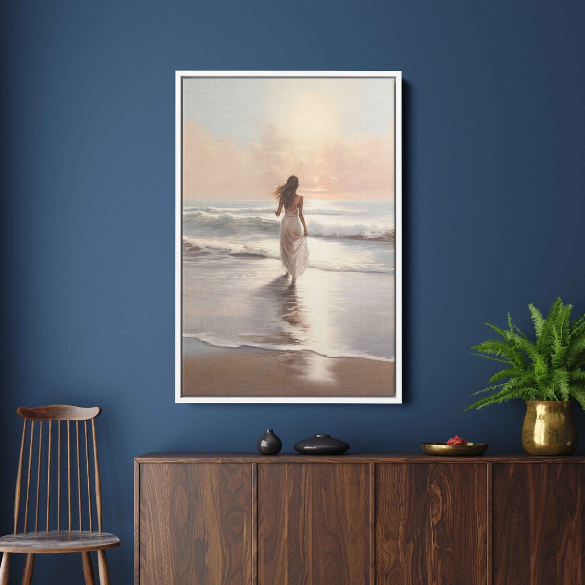 Woman Walking Beach Ocean Waves Sunrise White Dress Serene Coastal Print - Image 2