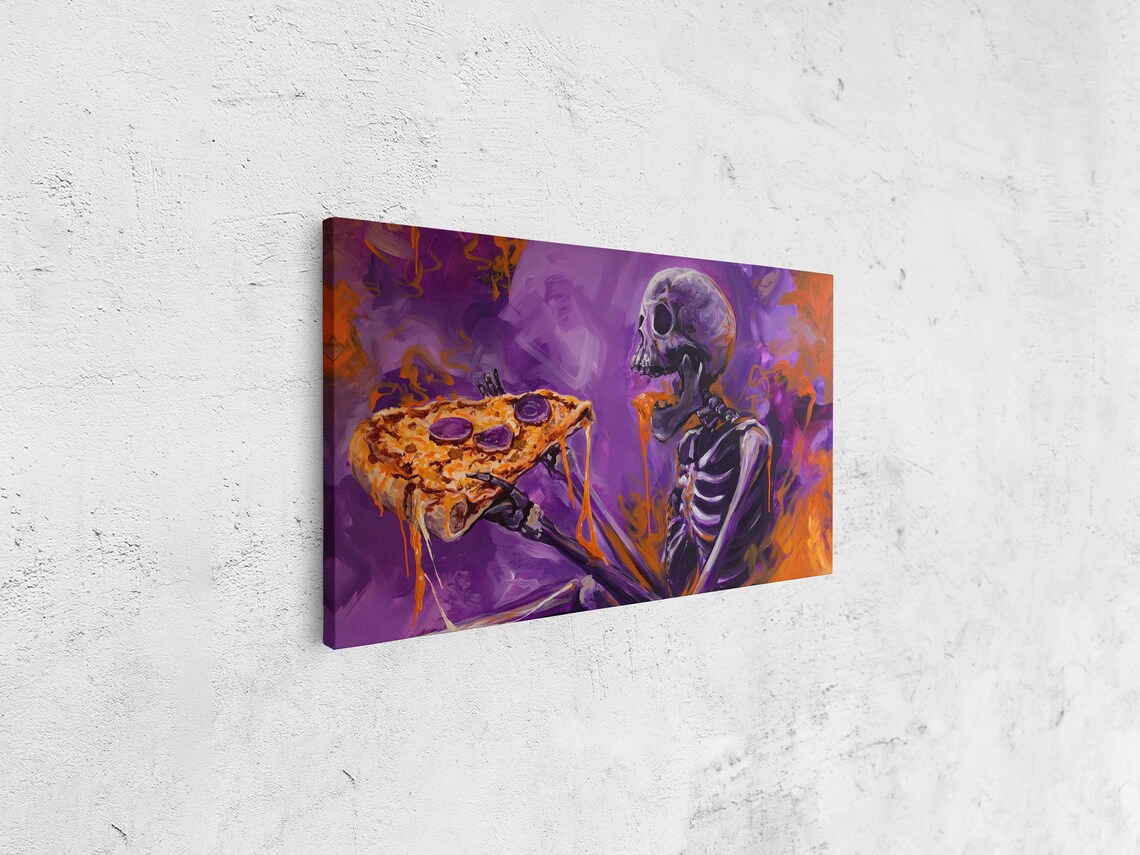 Skeleton Eating Pizza Slice Vibrant Purple Orange Halloween Wall Art - Image 4