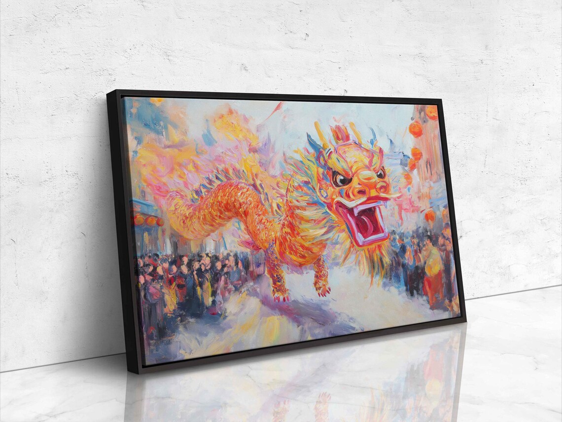 Chinese Dragon Dance Parade Golden Dragon Street Festival Painting Poster - Image 4