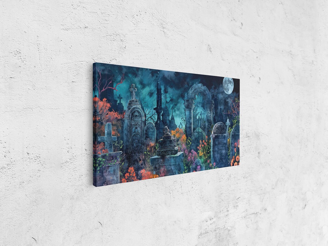Moonlit Enchanted Graveyard Watercolor Tombstones Night Halloween Print - Image 4