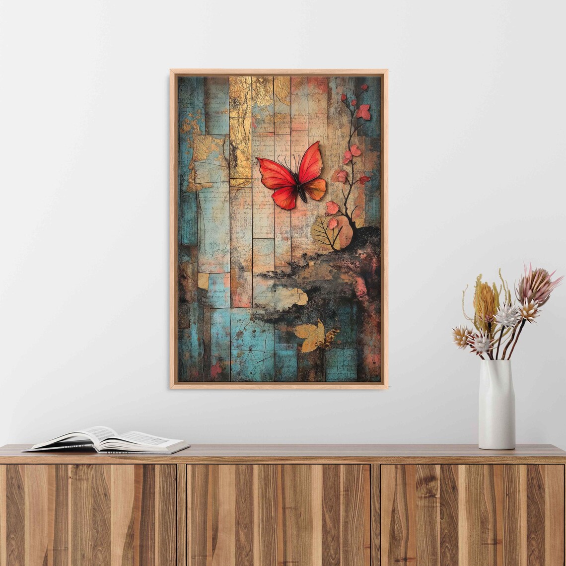 Butterfly and Maple Leaves Illustration, Whimsical Autumn Collage