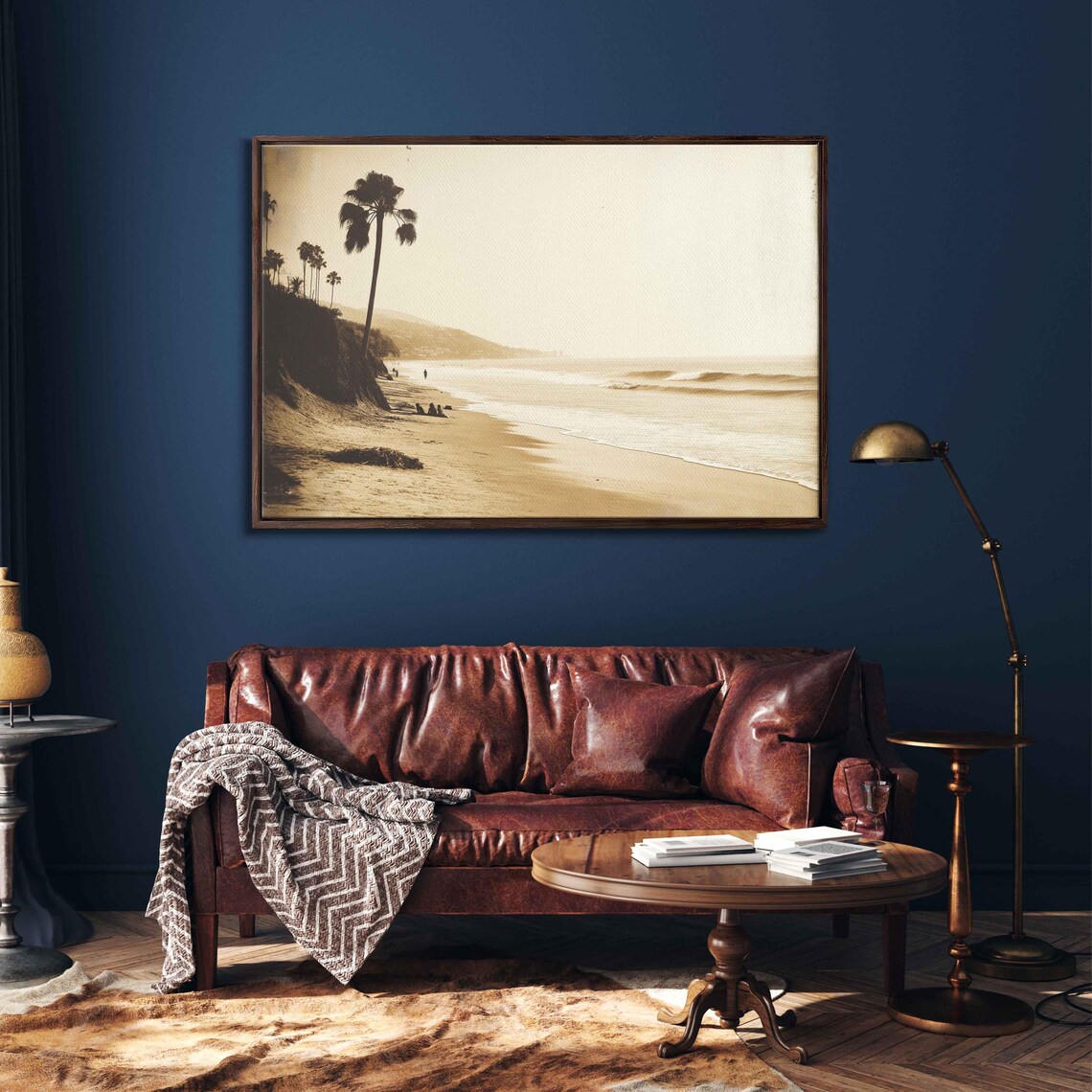 Vintage Sepia Beach Palm Trees Ocean Waves Retro Coastal Nostalgia Poster