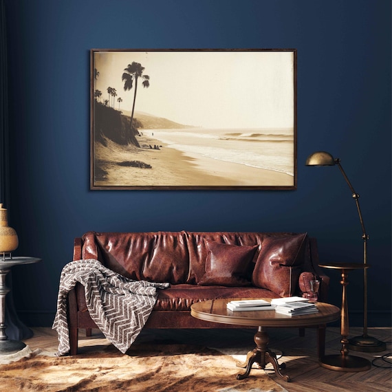 Vintage Sepia Beach Palm Trees Ocean Waves Retro Coastal Nostalgia Poster